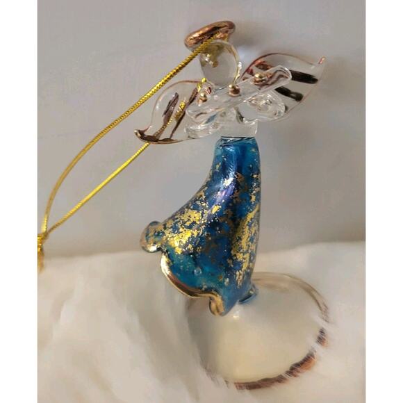 Angel Hand Blown Glass Ornament Blue, Gold and Clear 3" tall Can Stand or Hang - Picture 4 of 7